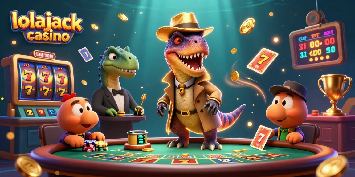 Lolajack Casino illustration with animated characters around slot reels and jackpot elements.