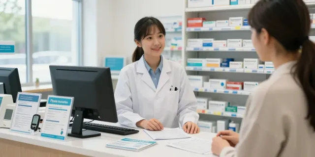 Rybelsus kopen in een apotheek met een assistent en medicijnen op de toonbank.