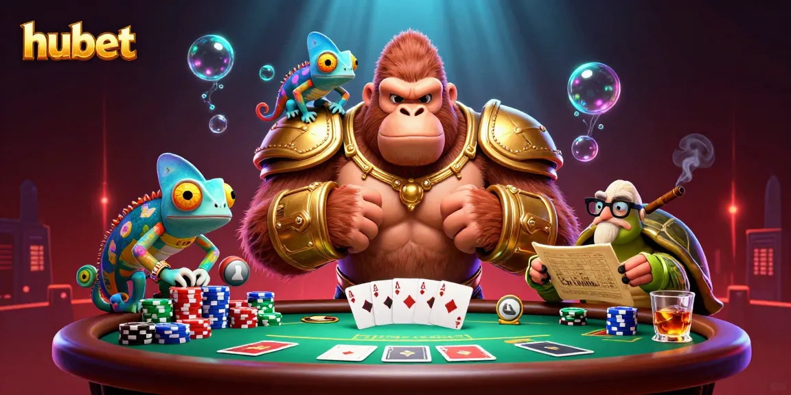 Experience hubet's thrill with a powerful gorilla king, vibrant chameleon, and wise tortoise at a lively poker table.