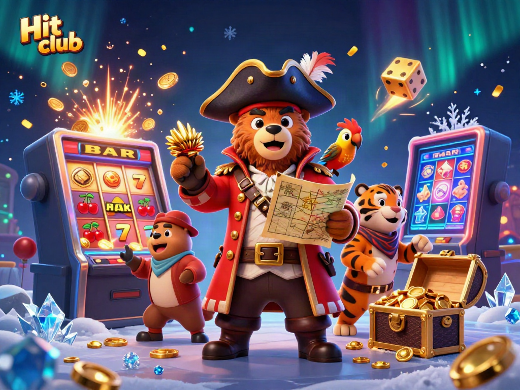 Hit club themed illustration showcasing a pirate captain bear with vibrant slot machine elements.