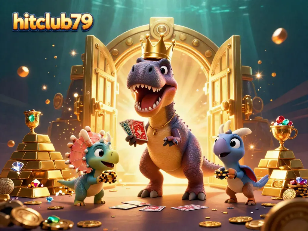 Join the fun at hitclub79 with a T-Rex shuffling cards and a triceratops stacking chips in a colorful casino scene.
