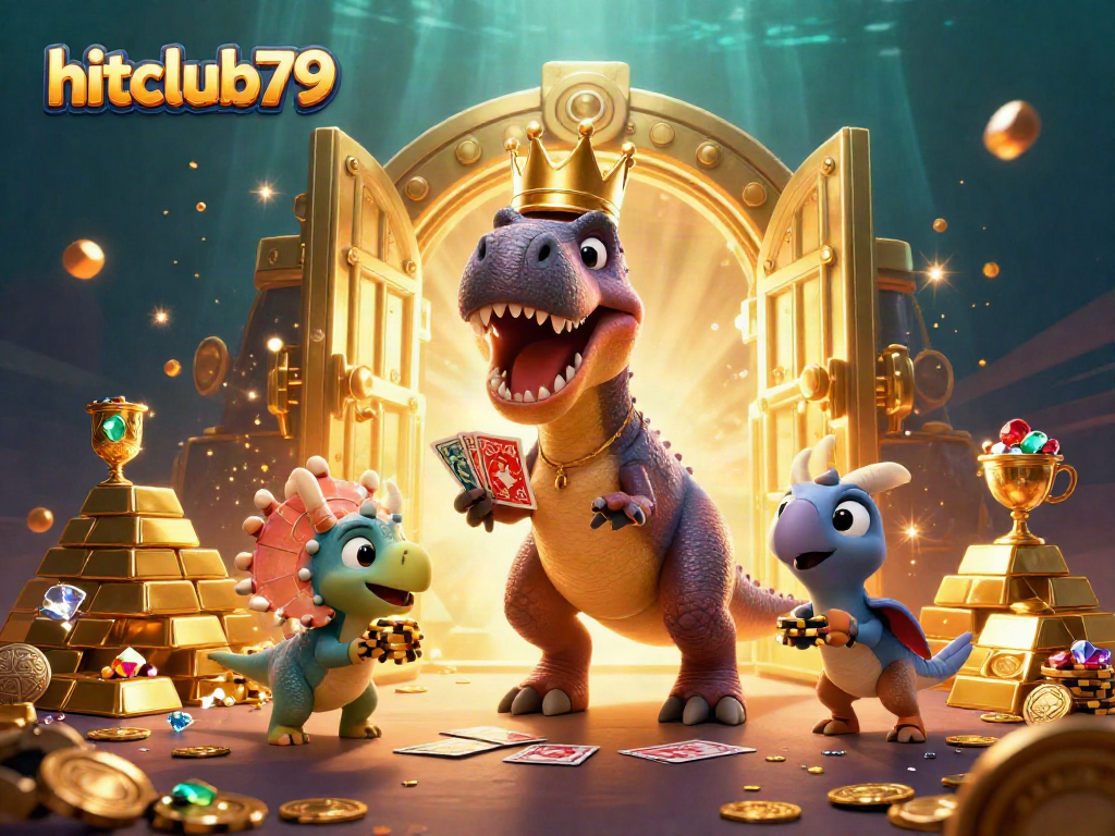 Join the fun at hitclub79 with a T-Rex shuffling cards and a triceratops stacking chips in a colorful casino scene.