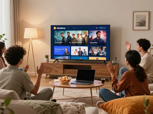 PikaShow old versions providing a cozy movie night experience with friends in a modern living room.