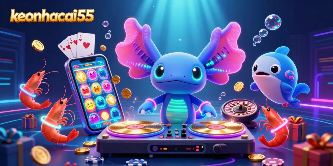 Engage players with keonhacai55's vibrant gambling scene featuring a DJ axolotl and glowing casino elements.