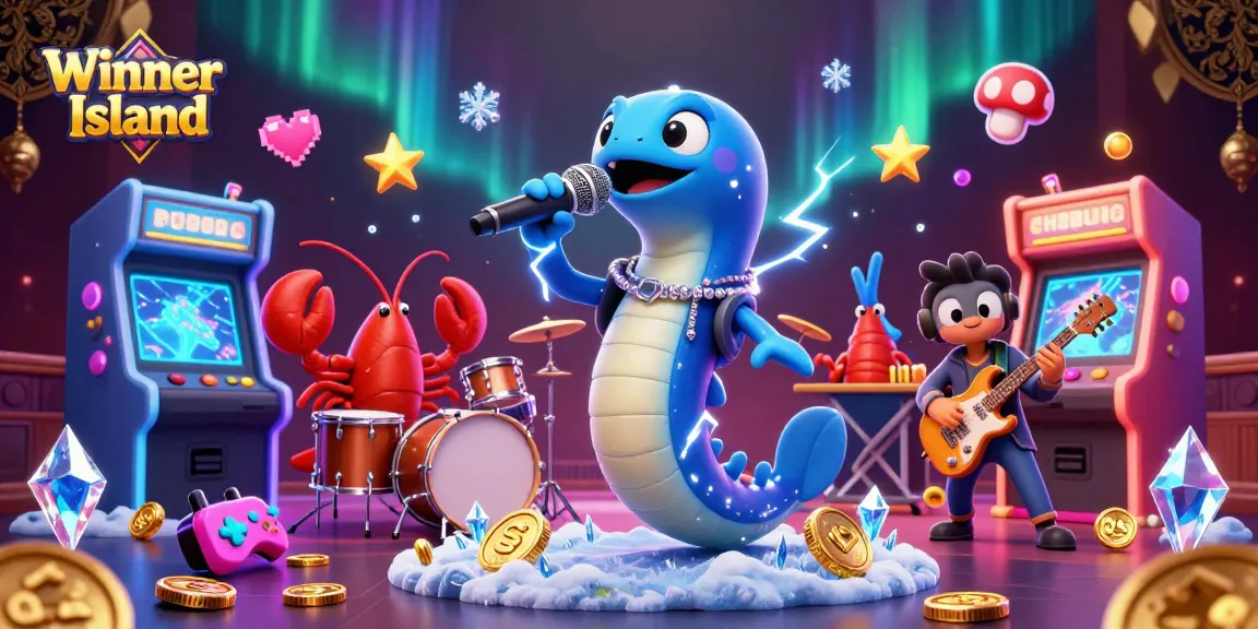 Experience electric music and gaming on Winner Island with vibrant characters and casino elements