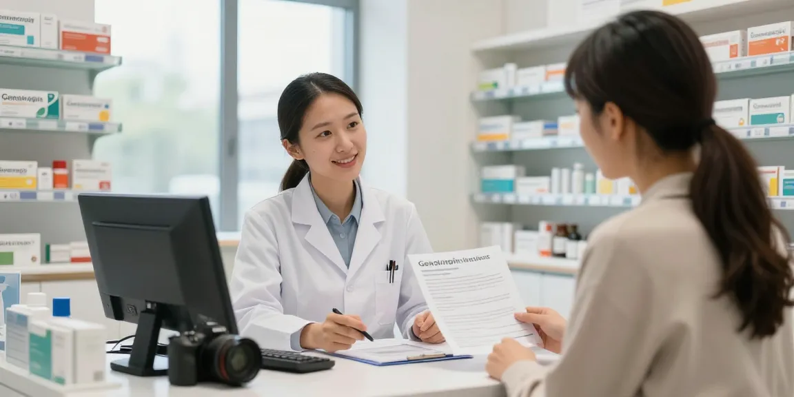 Consultation on Genotropin kopen in a modern pharmacy environment with medication shelves and bright natural lighting.