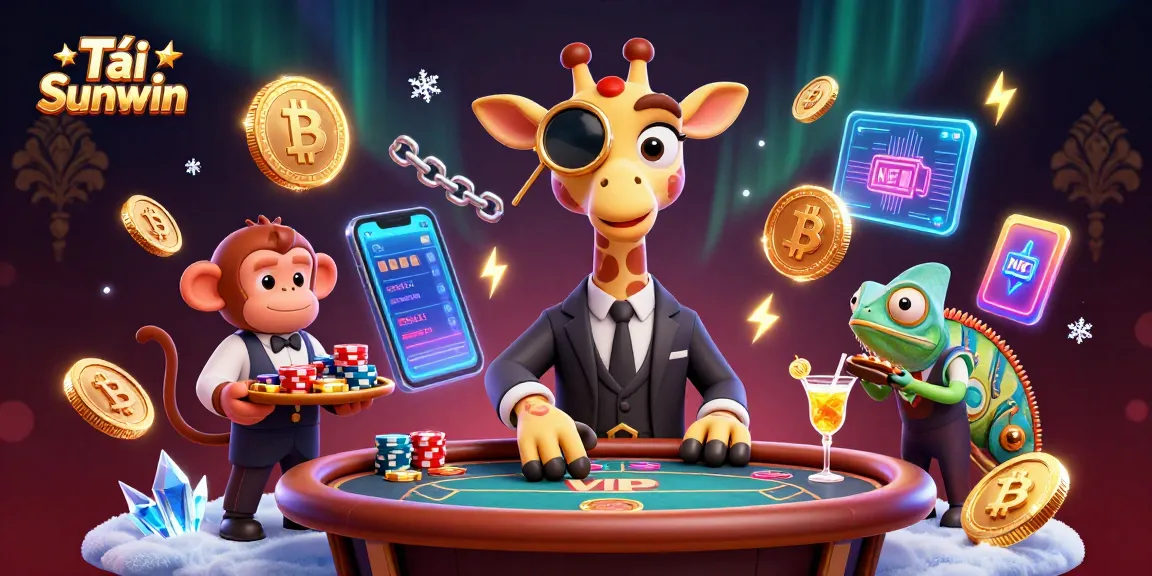 Tải Sunwin offers thrilling gaming experience with a high-roller giraffe at a VIP table amidst crypto elements.