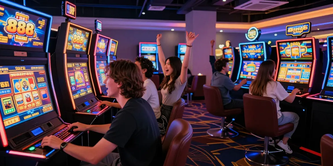 slot88 pengalaman bermain yang seru dengan pemain bersorak merayakan kemenangan di kasino modern.