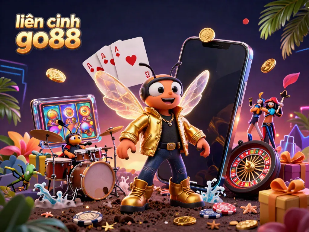 Engage with exciting gaming action at liên hệ go88 with a dynamic scene of a cicada rock star and casino elements.