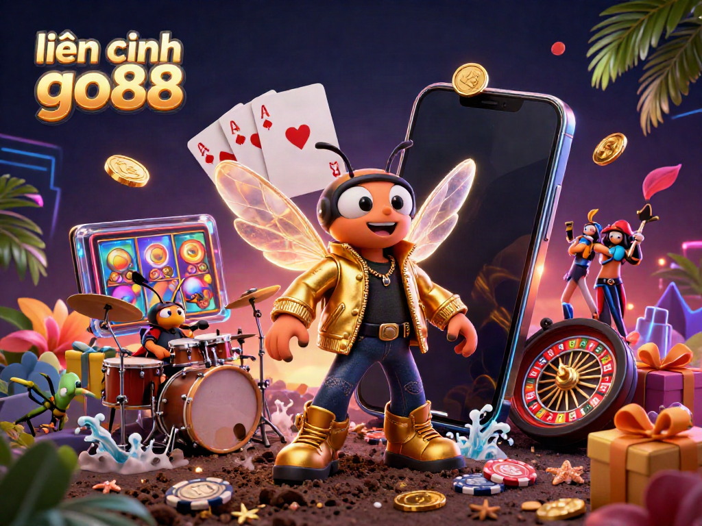 Engage with exciting gaming action at liên hệ go88 with a dynamic scene of a cicada rock star and casino elements.