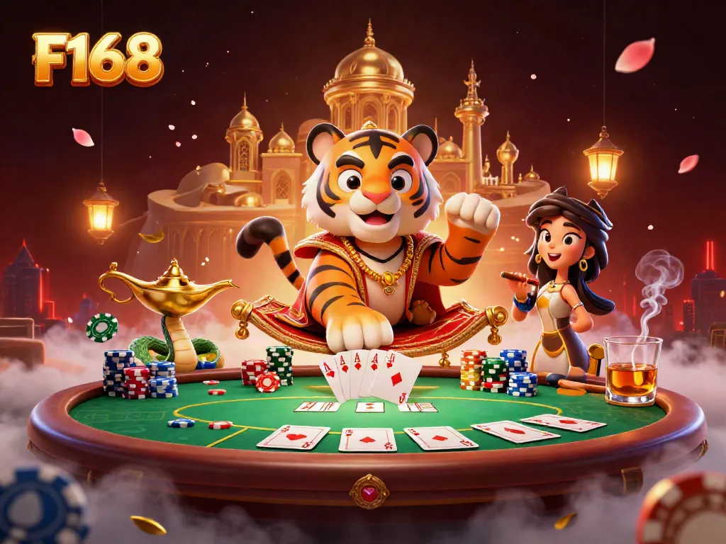 Experience the magical F168 with an Arabian sultan on a poker chip flying carpet surrounded by casino elements.