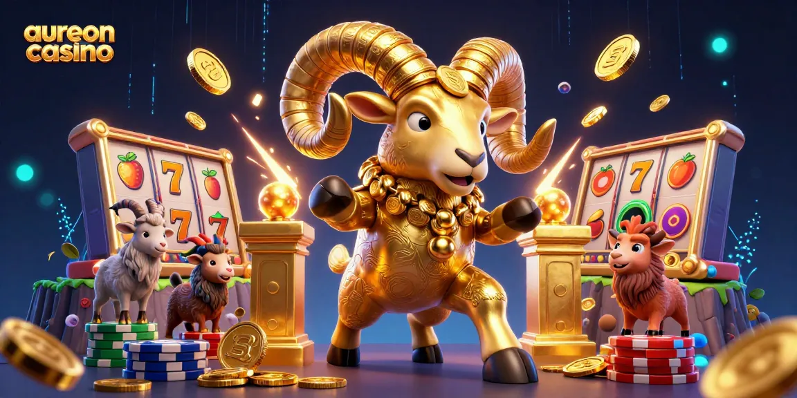 Aureoncasino showcases thrilling slot gaming action with a dynamic golden ram amidst lively gaming elements.